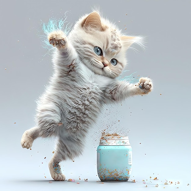 Simpatico gattino soffice che gioca con il trucco Cosmetici colorati e gatto divertente IA generata
