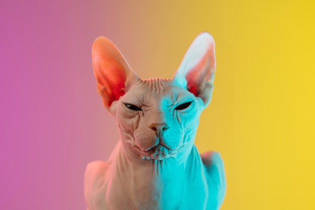 Simpatico gattino sphynx in posa isolato su sfondo sfumato in studio in luce al neon