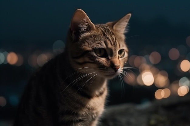 Simpatico gattino tabby seduto per terra con lo sfondo della città di notte