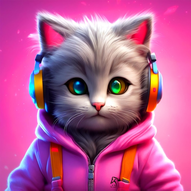 Simpatico gatto birichino dai capelli grigi con una felpa rosa e un gatto con logo arcobaleno indossa le cuffie