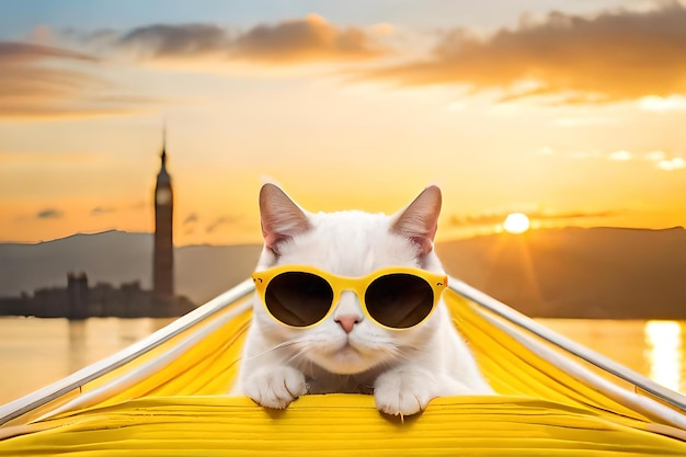 Simpatico gatto britannico bianco che indossa occhiali da sole su amaca in tessuto giallo isolato su sfondo giallo