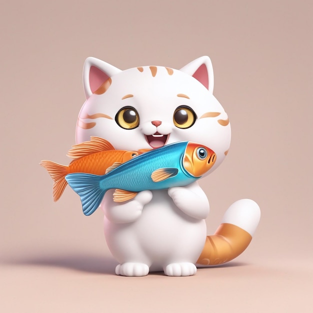Simpatico gatto che tiene il pesce icona del fumetto illustrazione concetto di icona di cibo per animali