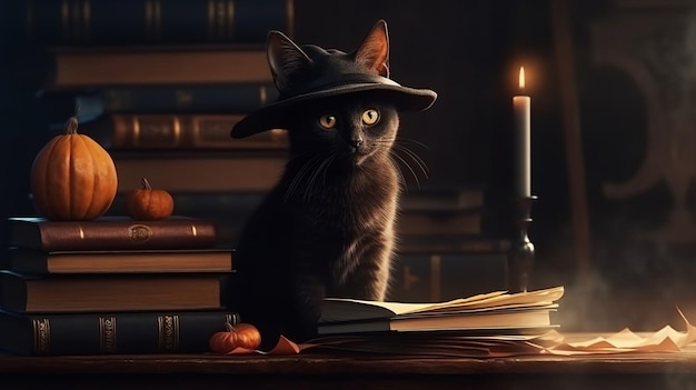 Simpatico gatto con cappello da strega e libri su sfondo scuro Halloween conceptgenerative ai