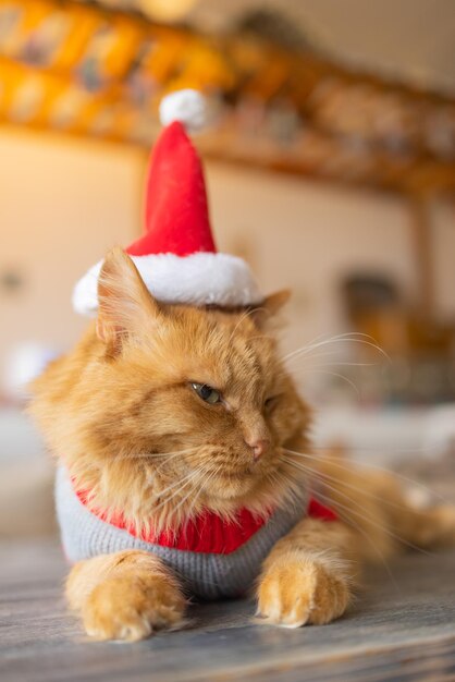 Simpatico gatto con cappello di babbo natale contro luci di natale sfocate