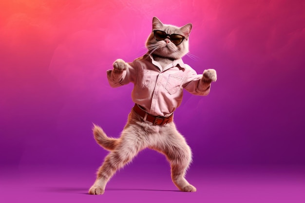 Simpatico gatto con occhiali da sole che balla isolato su sfondo rosa IA generativa