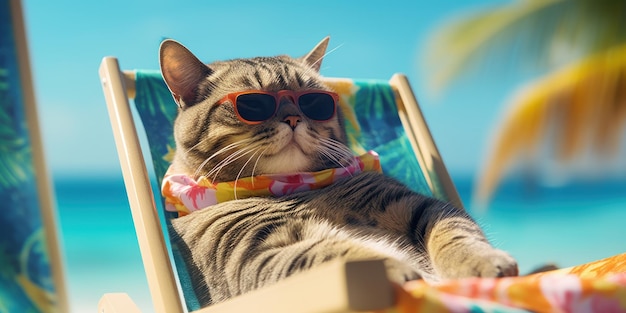 Simpatico gatto con occhiali da sole Reaxing su Tropical Beach Blue Sky Background AI generativa