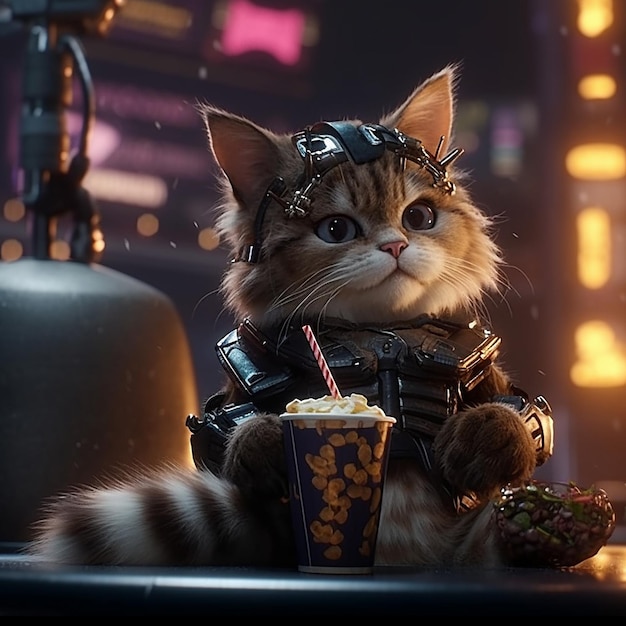 Simpatico gatto cyberpunk animale che mangia popcorn arte generata dall'IA