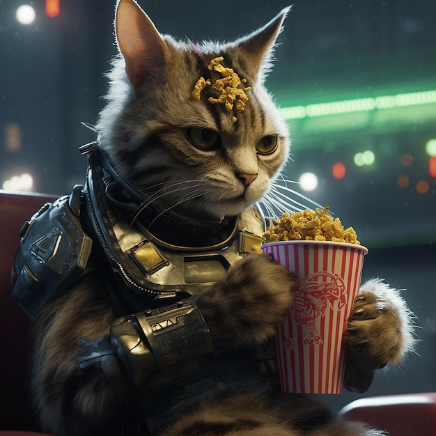 Simpatico gatto cyberpunk animale che mangia popcorn arte generata dall'IA