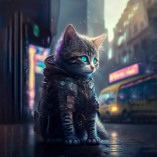 Simpatico gatto cyberpunk, personaggio post apocalisse, animale carino