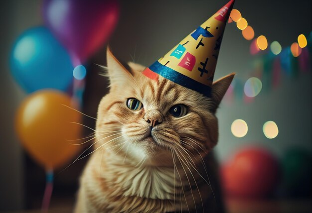 Simpatico gatto domestico con cappello da festa che celebra l'illustrazione di buon compleanno ai generativa