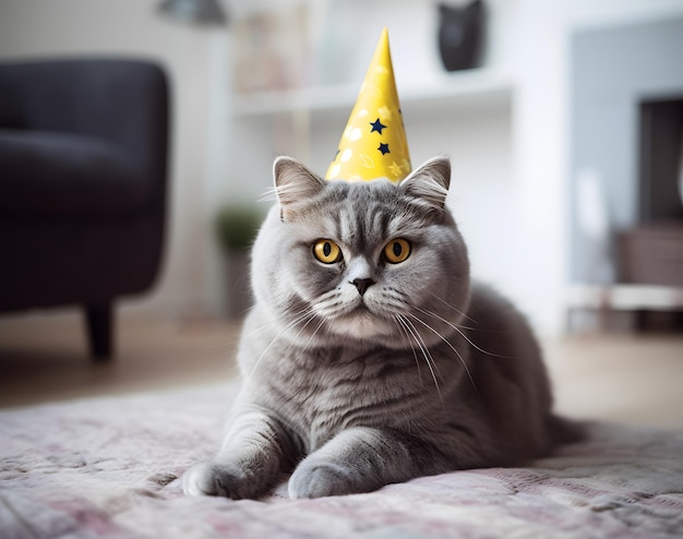 Simpatico gatto domestico con cappello da festa che festeggia il buon compleanno