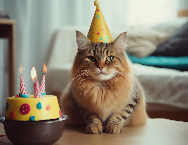 Simpatico gatto domestico con torta di compleanno che celebra buon compleanno