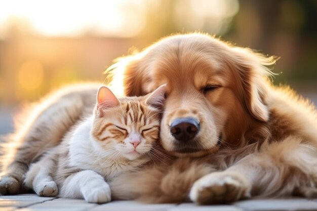 simpatico gatto e cane che abbracciano sfondo sfocato Ai generativa