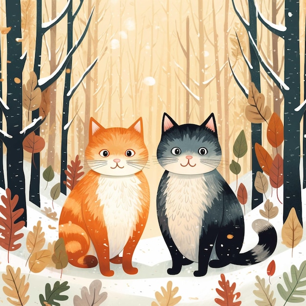 Simpatico gatto e pupazzo di neve in abiti invernali Illustrazione vettoriale