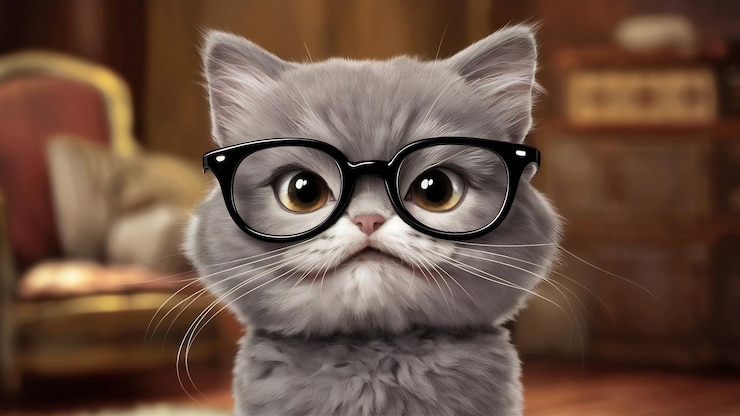 Foto simpatico gatto grigio con gli occhiali