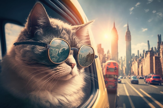Simpatico gatto in viaggio per le strade di New York con fantasiosi occhiali da sole generativi AI