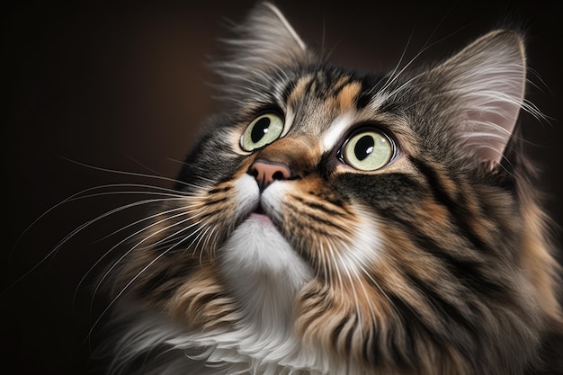 Simpatico gatto lanuginoso con strisce che guarda in alto Ritratto di animali domestici con occhi grandi Foto di animali