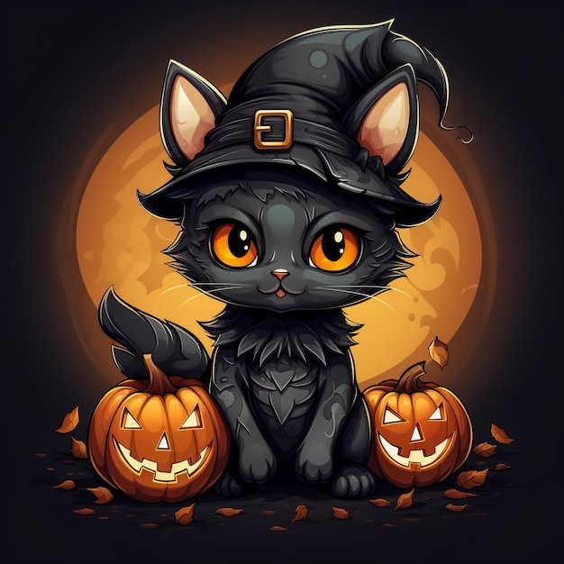 Simpatico gatto nero cartoon seduto sulla zucca di Halloween con la faccia spaventosa e il topolino nascosto in t