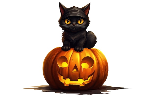 Simpatico gatto nero con un cappello da strega seduto su una zucca di Halloween