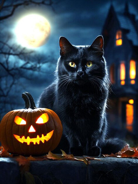 Simpatico gatto peloso realistico che si rilassa all'aperto nella notte di Halloween
