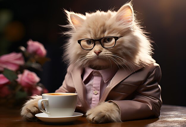 Simpatico gatto persiano con bicchieri e tazza di caffè sul tavolo
