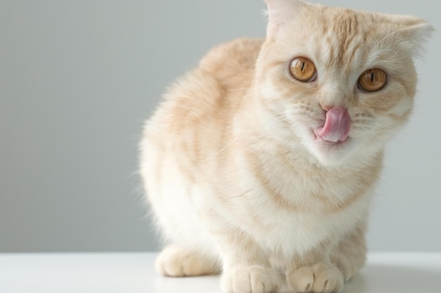 Simpatico gatto scozzese rosso che lecca le labbra su sfondo grigio. Copia spazio