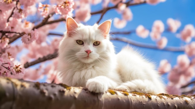 Simpatico gatto si sta rilassando sul tetto di una casa giapponese Simpatico gatto in Giappone su uno sfondo di fiori di ciliegio Stile estetico asiatico Per biglietti di auguri design calendari e turismo adv Generative AI