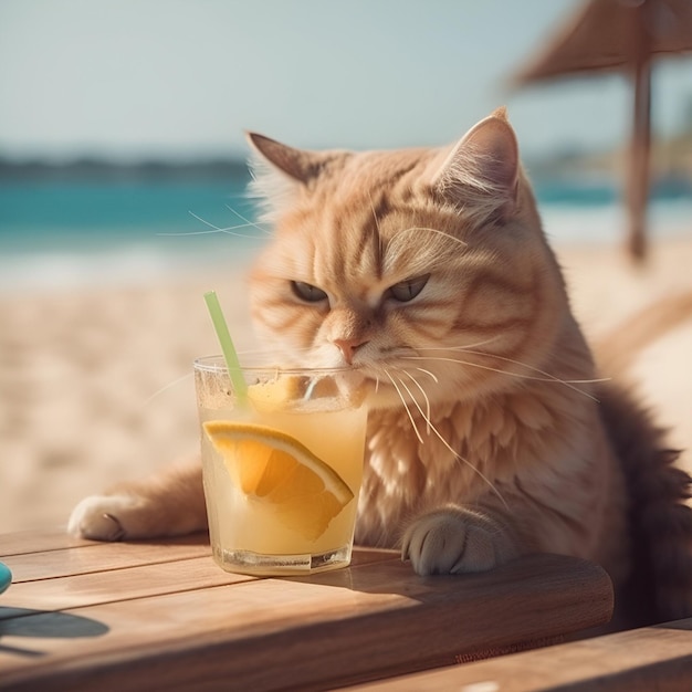 Simpatico gatto soffice beve un cocktail su una spiaggia sabbiosa Concetto di vacanza estiva al mare Concetto generato dall'intelligenza artificiale