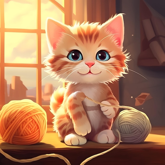 Simpatico gatto sta giocando con un gomitolo di filo in stile cartone animato