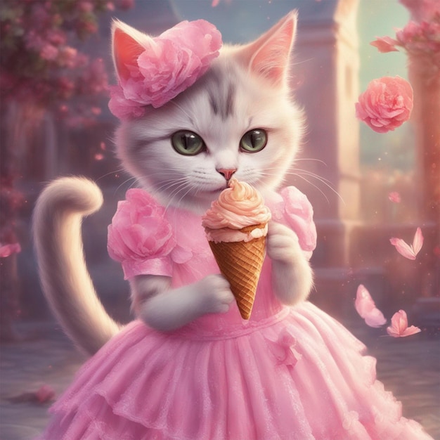 Simpatico gatto vestito da Barbie che mangia il gelato immagine fantasy ai generata