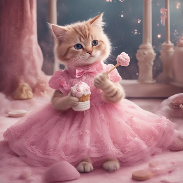 Simpatico gatto vestito da Barbie che mangia il gelato immagine fantasy ai generata