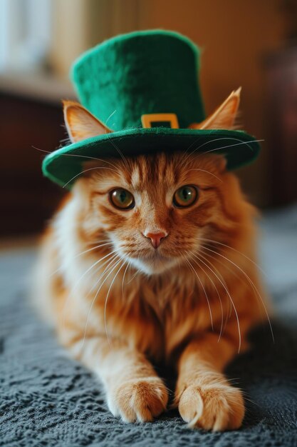 Simpatico gatto zenzero che indossa un cappello da leprecauno seduto sul letto