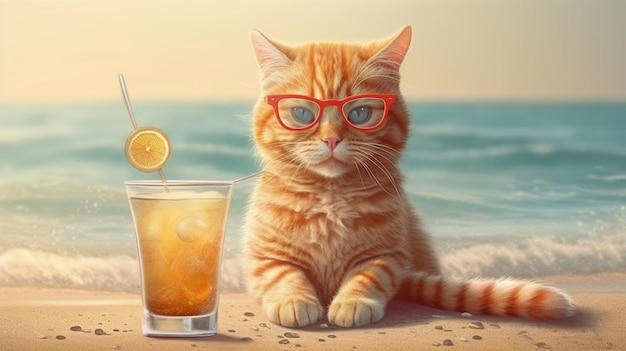 Simpatico gatto zenzero con occhiali rossi e un cocktail sulla spiaggiagenerativo ai