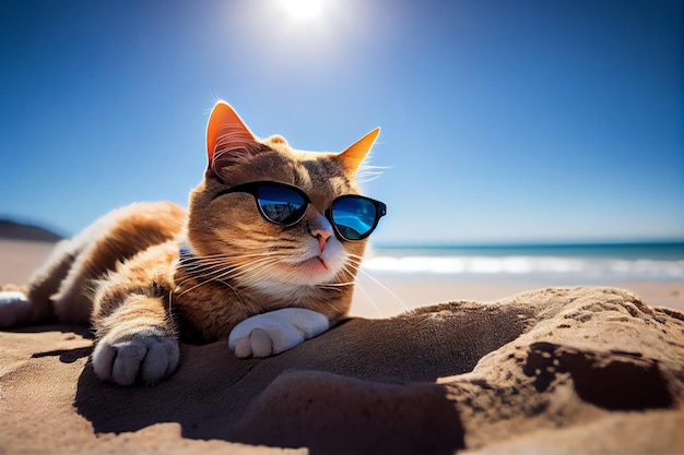 Simpatico gatto zenzero in occhiali da sole sdraiato sulla sabbia sulla spiaggia IA generativa