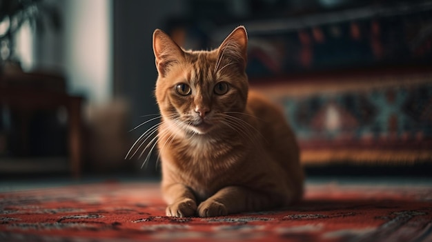 Simpatico gatto zenzero sdraiato sul tappeto e guardando la telecameragenerativa ai