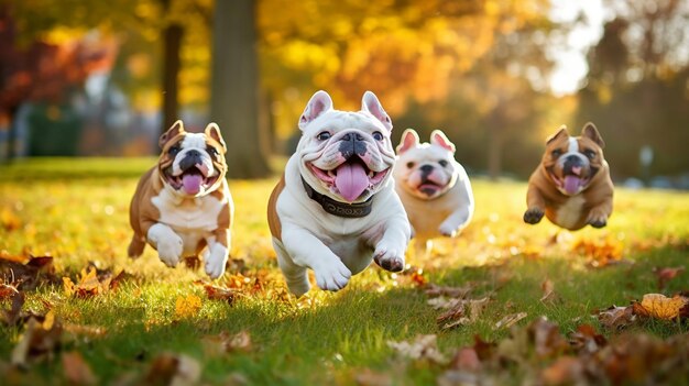 Simpatico gruppo di bulldog inglesi divertenti che corrono e giocano sull'erba verde nel parco in autunno AI generativa