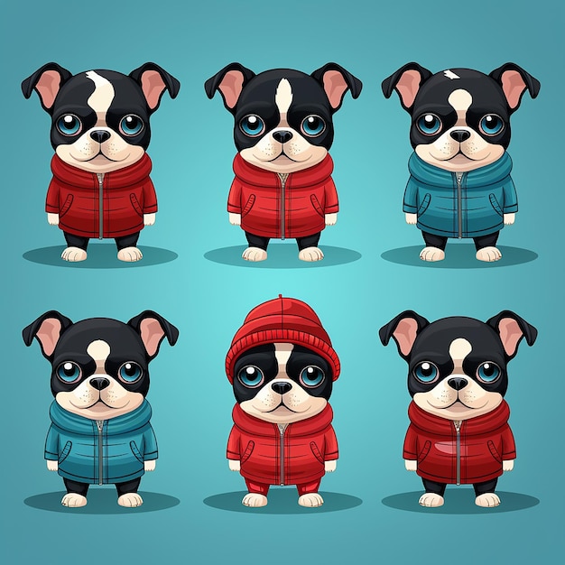 simpatico gruppo di cani cartoni animati che indossano abiti invernali su scintillanti sfondi natalizi