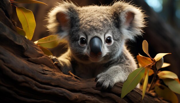 Simpatico koala seduto su un albero che guarda la telecamera generata dall'intelligenza artificiale