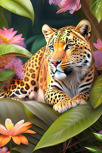 simpatico leopardo realistico 3d che dorme nella giungla tropicale piena di fiori e foglie esotici