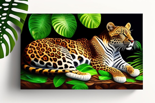 simpatico leopardo realistico 3d che dorme nella giungla tropicale piena di fiori e foglie esotici