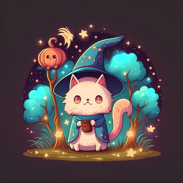 Simpatico mago gatto kawaii style character design Illustrazione