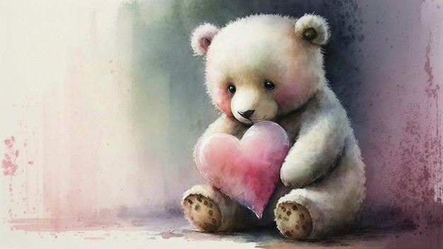 Simpatico orsacchiotto che tiene un cuore rosa per un biglietto di San Valentino o un biglietto d'auguri Acquerello AI generativa