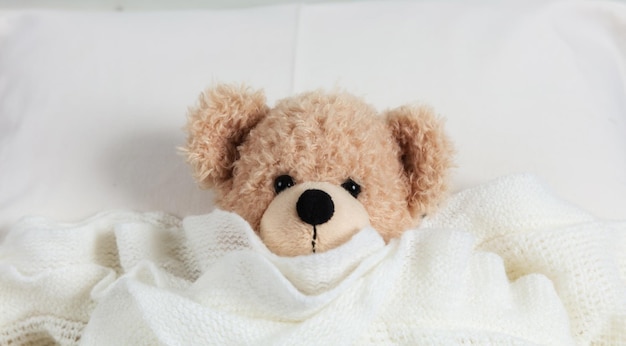 Simpatico orsacchiotto coperto da una calda coperta sdraiata a letto