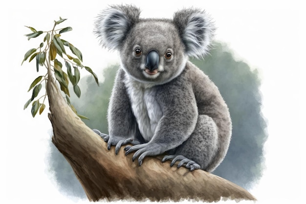 Simpatico orsetto Koala appollaiato sul ramo di un albero IA generativa