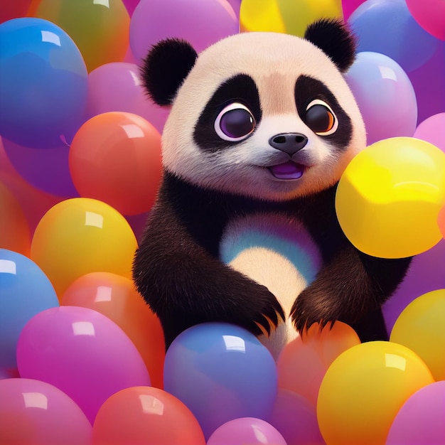 Simpatico orsetto panda con occhi grandi rendering 3D fumetto illustrazione