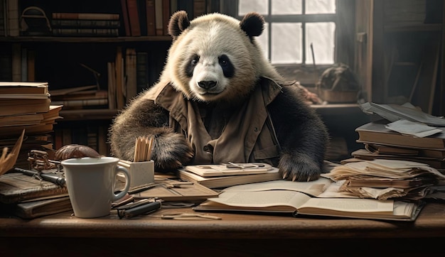 simpatico orsetto panda in piedi sulla scrivania nello stile della fotografia in camera oscura