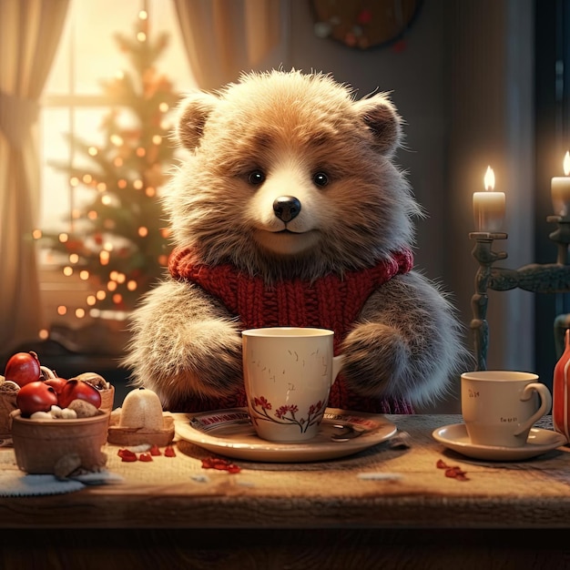 simpatico orsetto seduto su un tavolo di Natale con una tazza di caffè caldo in stile beeple