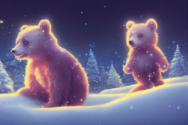 Simpatico orso nella foresta invernale Adorabile orso in stile natalizio Vacanze di Natale sfondo arte digitale stile illustrazione pittura