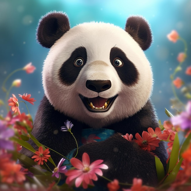 Simpatico orso panda colorato sorridente immagini del giardino fiorito IA generativa