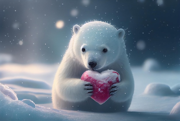 Simpatico orso polare con cuore rosso solitario nel polo nord con sfondo nevicato. IA generativa